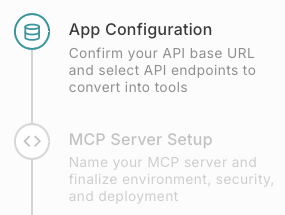 Excerpt of a multi-step timeline showing two steps, App Configuration and MCP Server Setup. App Configuration is highlighted.
