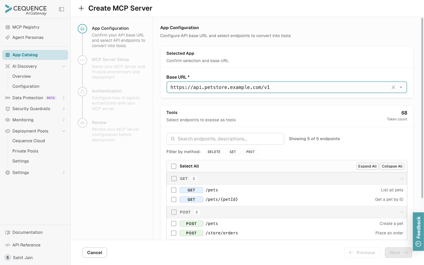 The App Configuration step of the Create MCP Server wizard, showing the Base URL and a list of selectable API endpoints.
