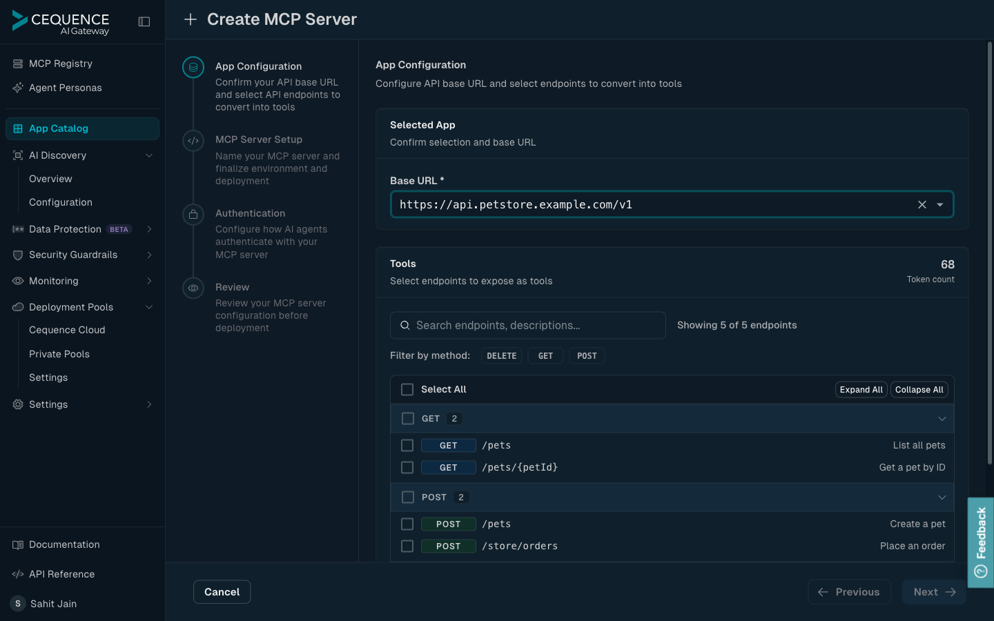 The App Configuration step of the Create MCP Server wizard, showing the Base URL and a list of selectable API endpoints.