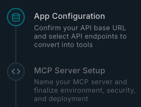 Excerpt of a multi-step timeline showing two steps, App Configuration and MCP Server Setup. App Configuration is highlighted.
