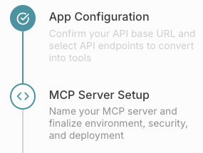 Excerpt of a multi-step timeline showing two steps, App Configuration and MCP Server Setup. App Configuration is marked completed and MCP Server Setup is highlighted.
