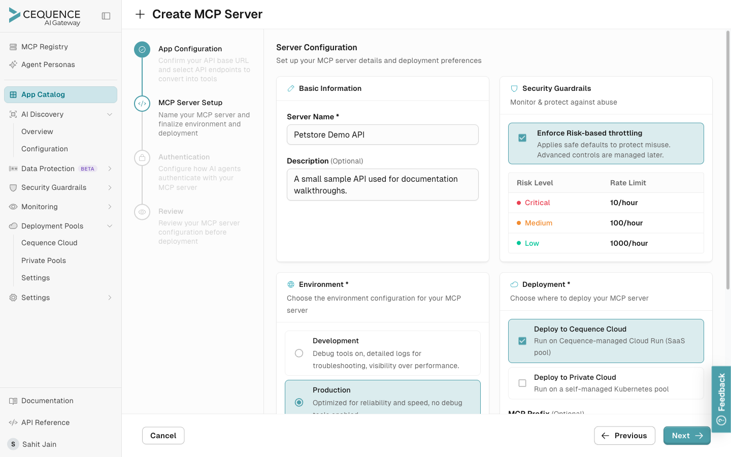 The MCP Server Setup step, with fields for the server name, description, and log level.