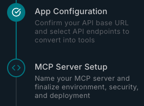 Excerpt of a multi-step timeline showing two steps, App Configuration and MCP Server Setup. App Configuration is marked completed and MCP Server Setup is highlighted.