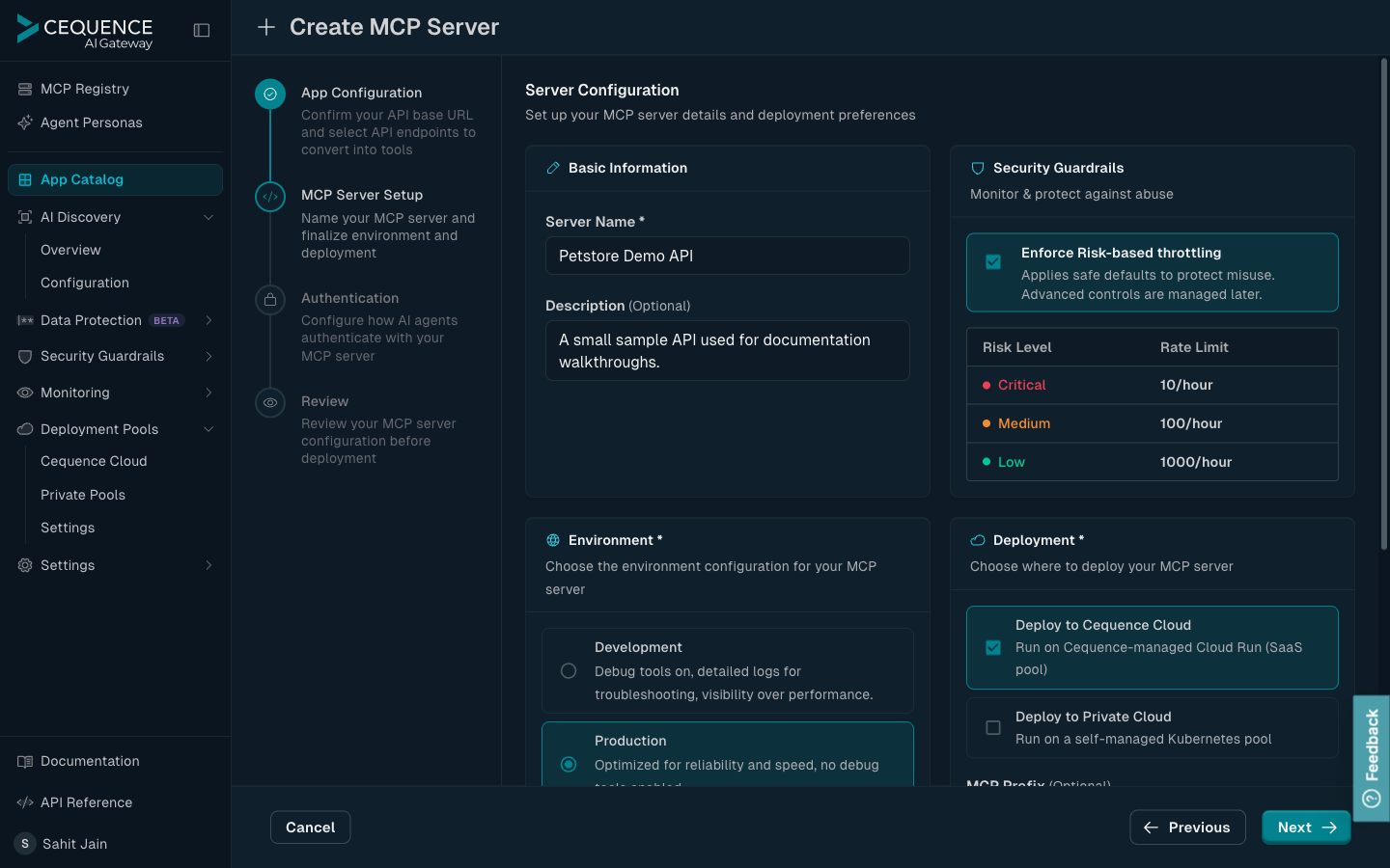 The MCP Server Setup step, with fields for the server name, description, and log level.