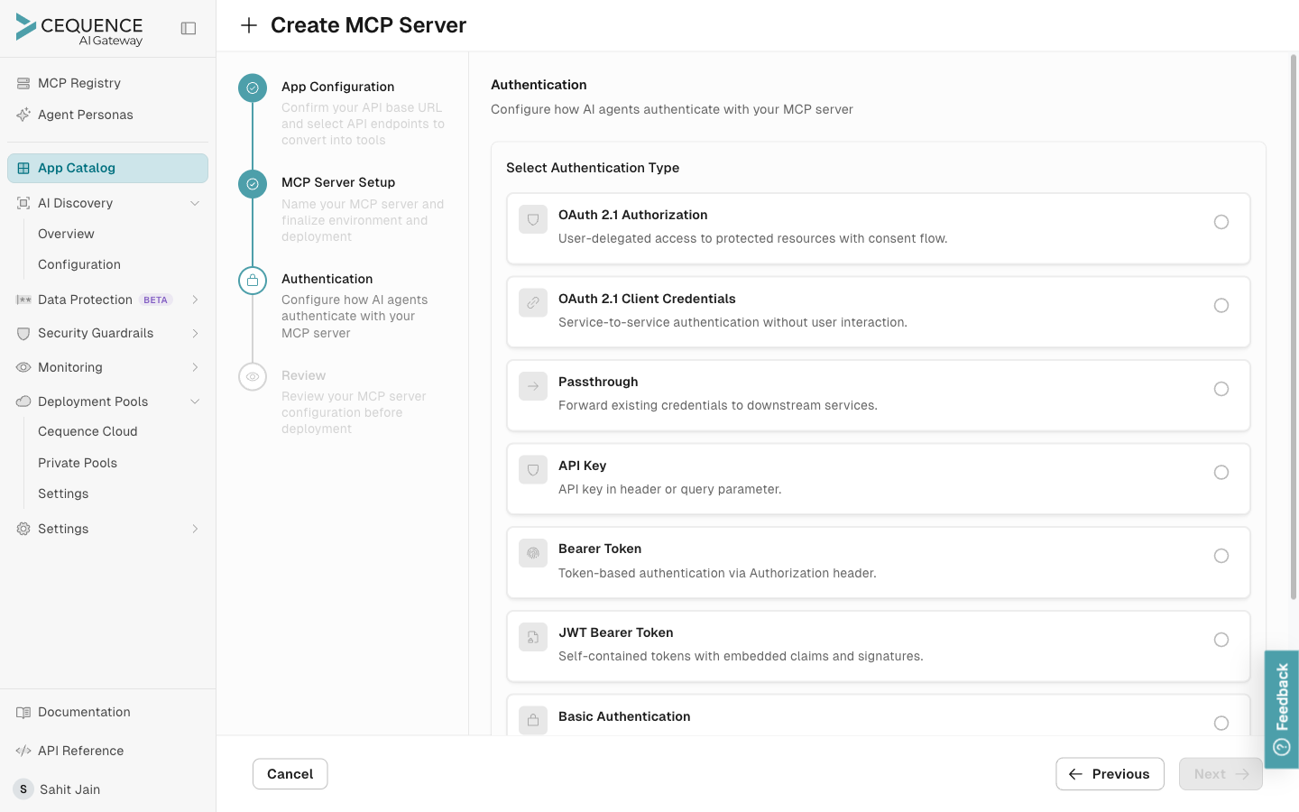 The Authentication step, listing authentication types including OAuth 2.1, Passthrough, API Key, and Bearer Token.