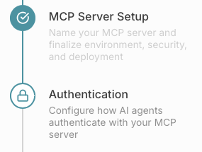 Excerpt of a multi-step timeline showing two steps, MCP Server Setup and Authentication. MCP Server Setup is marked completed and Authentication is highlighted.