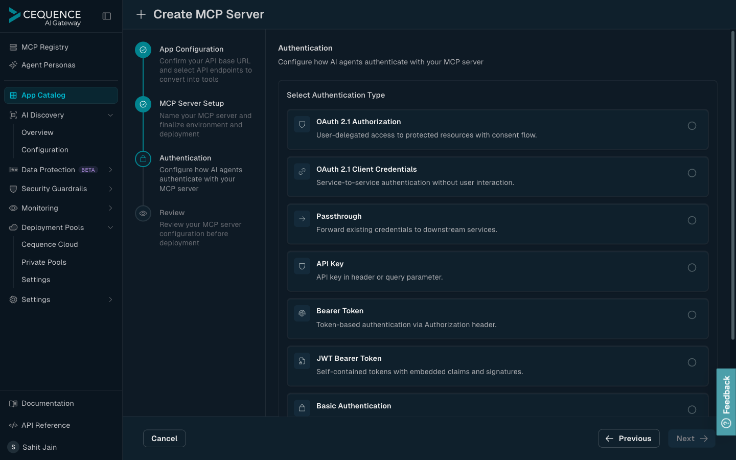 The Authentication step, listing authentication types including OAuth 2.1, Passthrough, API Key, and Bearer Token.