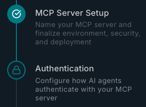 Excerpt of a multi-step timeline showing two steps, MCP Server Setup and Authentication. MCP Server Setup is marked completed and Authentication is highlighted.