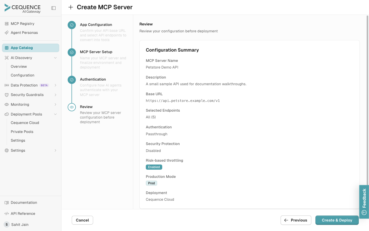 The Review step, summarizing the MCP server configuration before deployment.