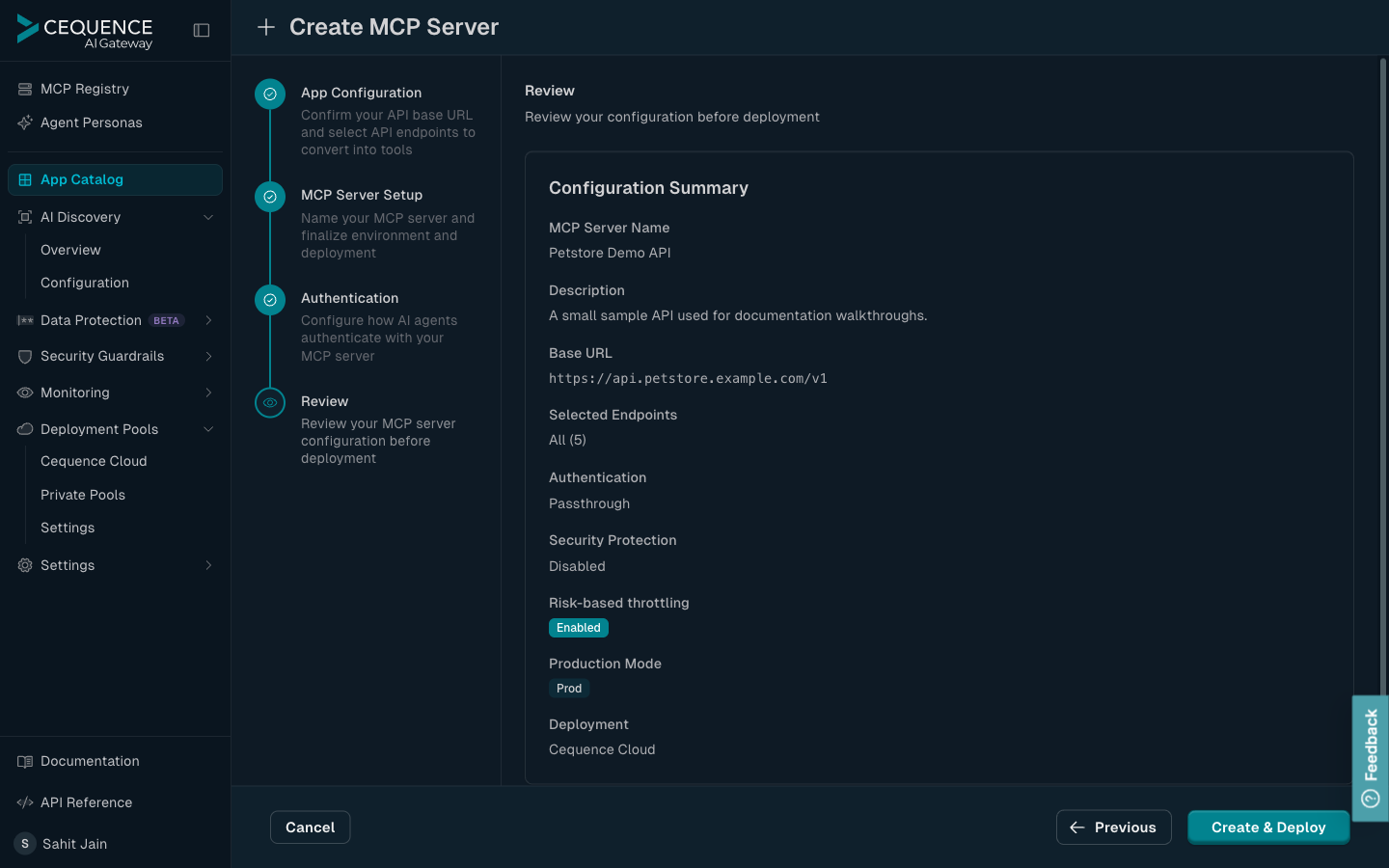 The Review step, summarizing the MCP server configuration before deployment.