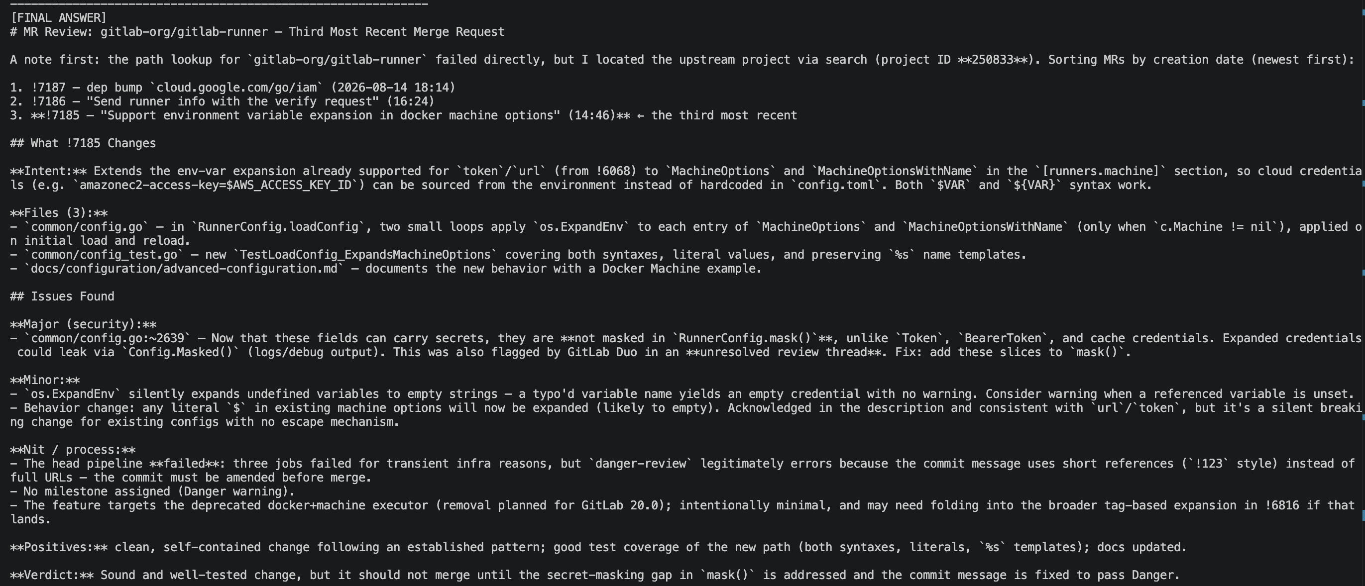 Sample terminal output of the script's FINAL ANSWER block: an MR review of gitlab-org/gitlab-runner with intent, changed files, issues grouped by severity, positives, and a verdict