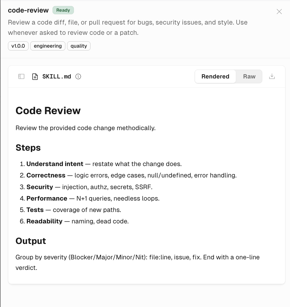 The code-review skill's detail view in the Skill Registry, showing its SKILL.md rendered: Ready status, v1.0.0, and the review steps and output format