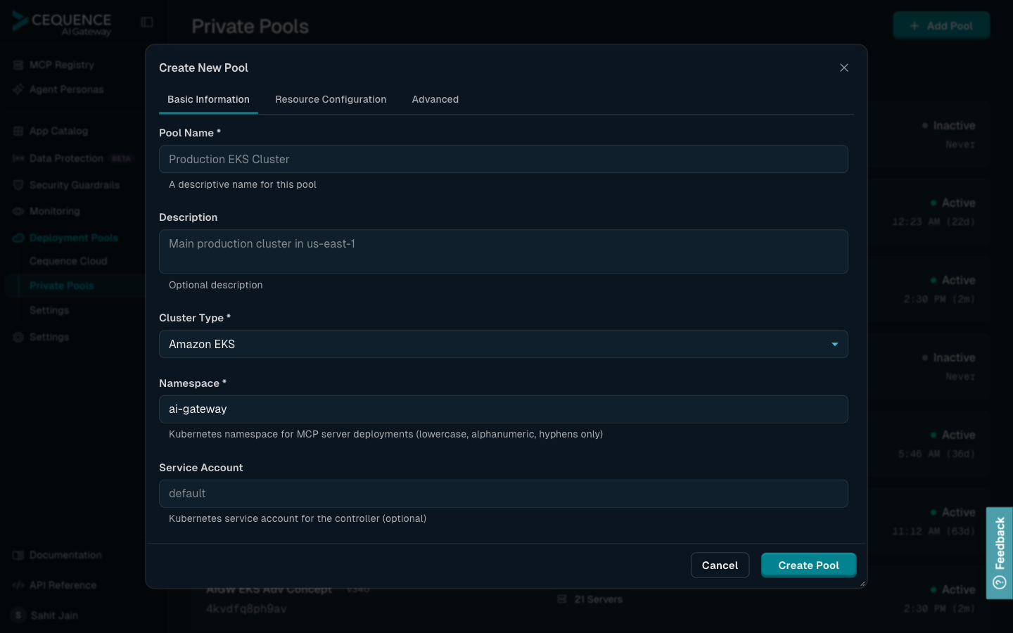 Create New Pool dialog open over the Private Pools page, with the sidebar dimmed in the background and the Basic Information tab selected