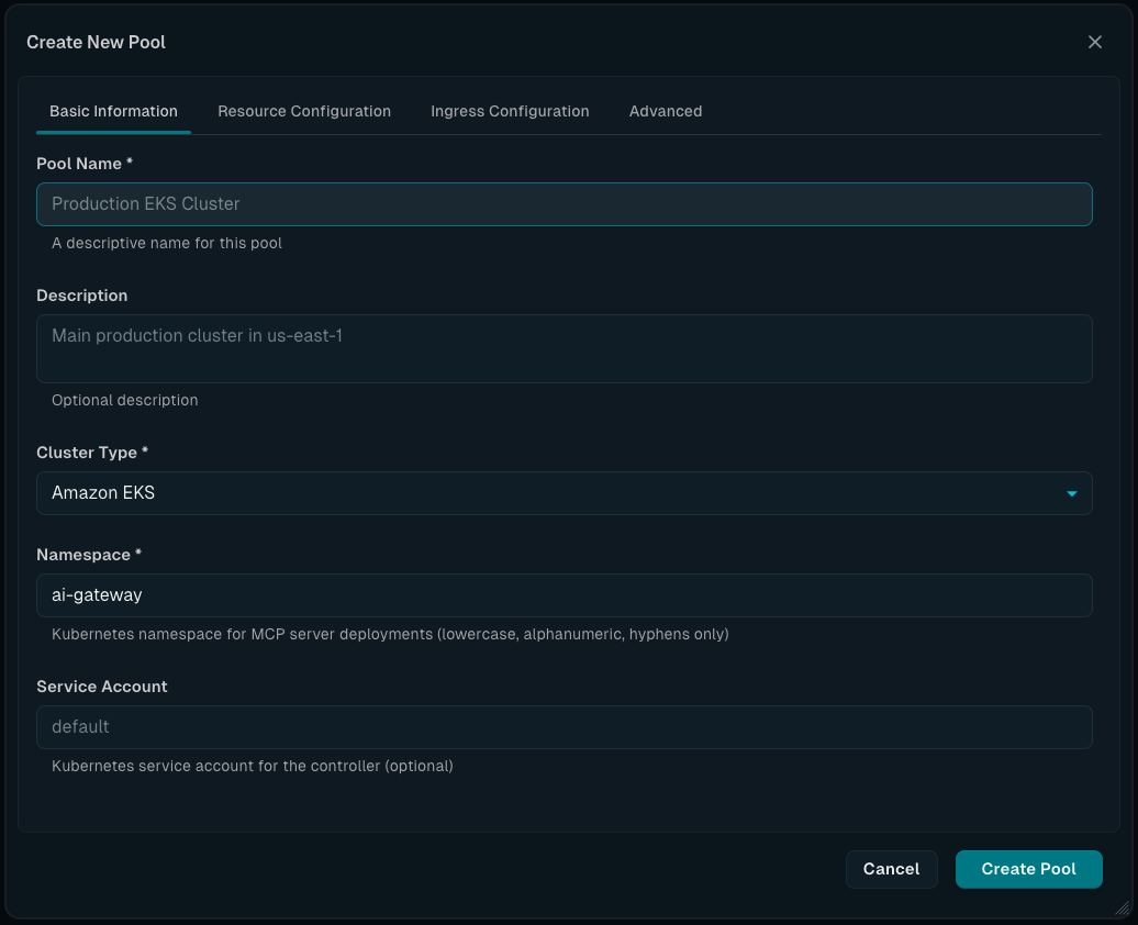 Create New Pool dialog showing Basic Information tab with form fields
