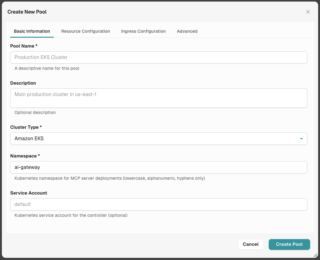 Create New Pool dialog showing Basic Information tab with form fields