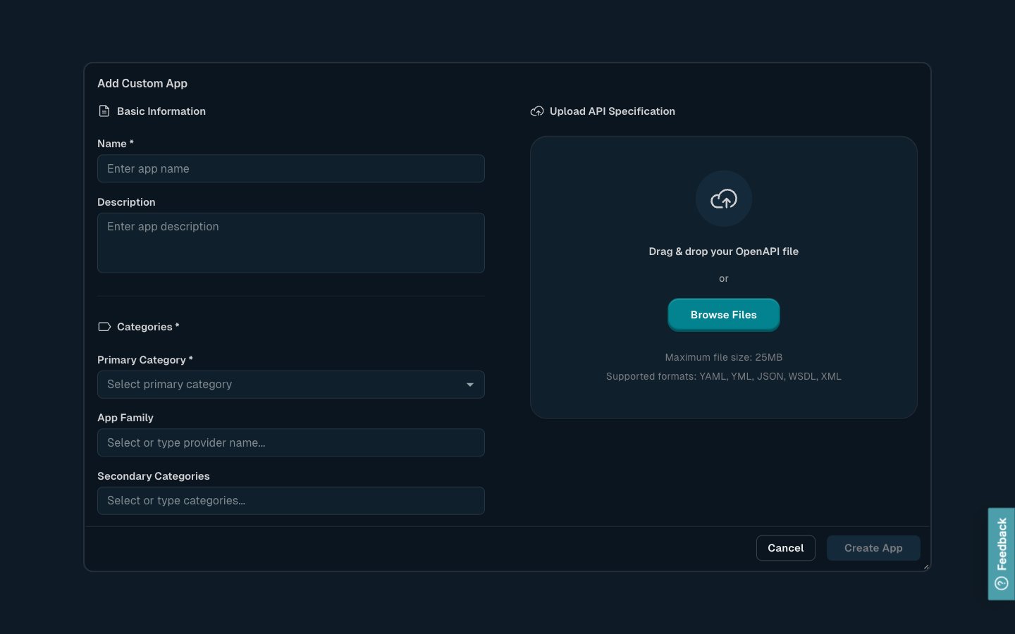 The Add Custom App dialog, with name, description, and category fields on the left and an OpenAPI file upload area on the right.