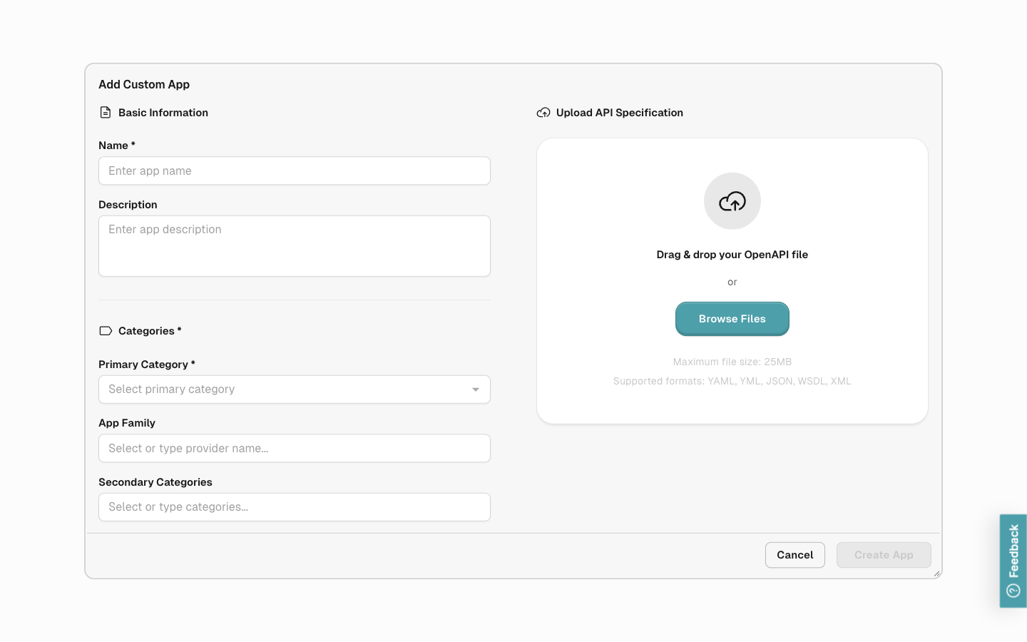 The Add Custom App dialog, with name, description, and category fields on the left and an OpenAPI file upload area on the right.