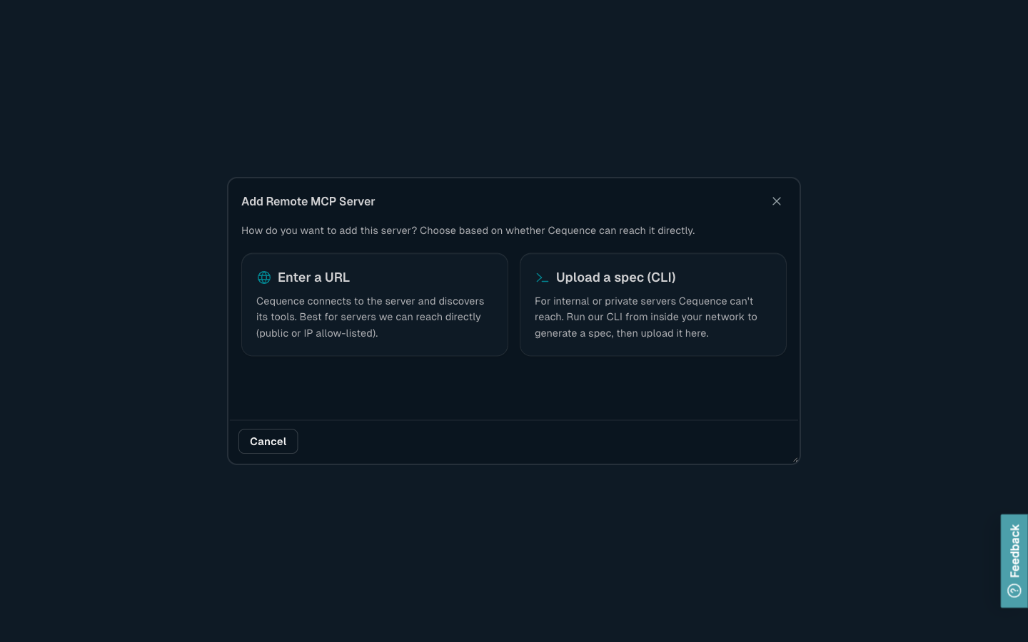 The Add Remote MCP Server dialog showing two options: Enter a URL, and Upload a spec (CLI).
