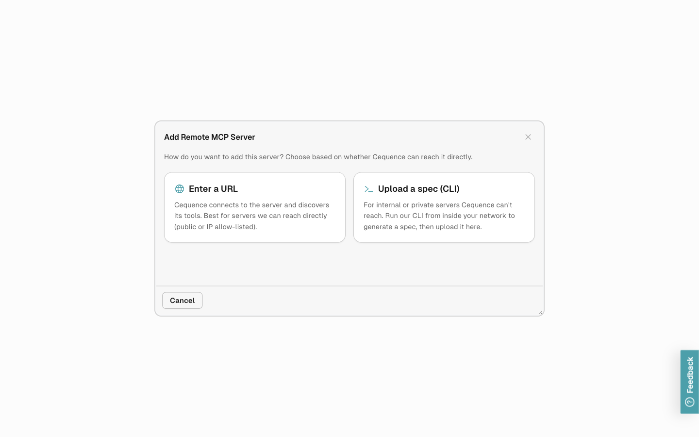 The Add Remote MCP Server dialog showing two options: Enter a URL, and Upload a spec (CLI).