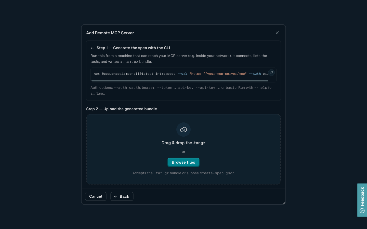 The Upload a spec (CLI) view showing the introspect command and a drag-and-drop upload area for the generated .tar.gz bundle.