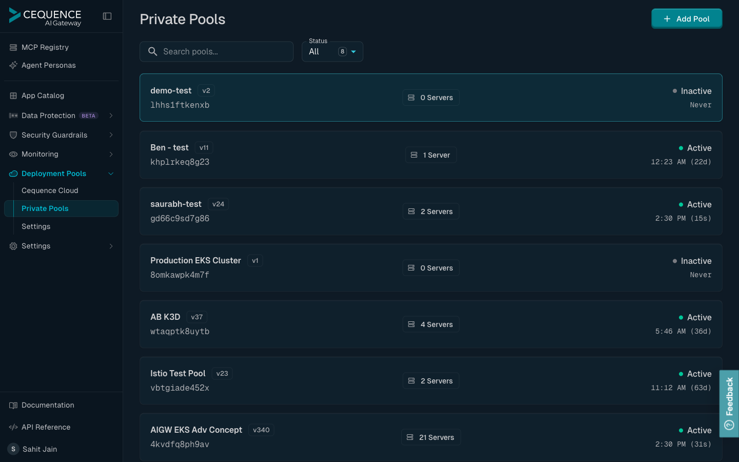 Private Pools page showing the left sidebar with Deployment Pools expanded and Private Pools selected, the page header with Add Pool button, search and Status filter, and a list of pool tiles