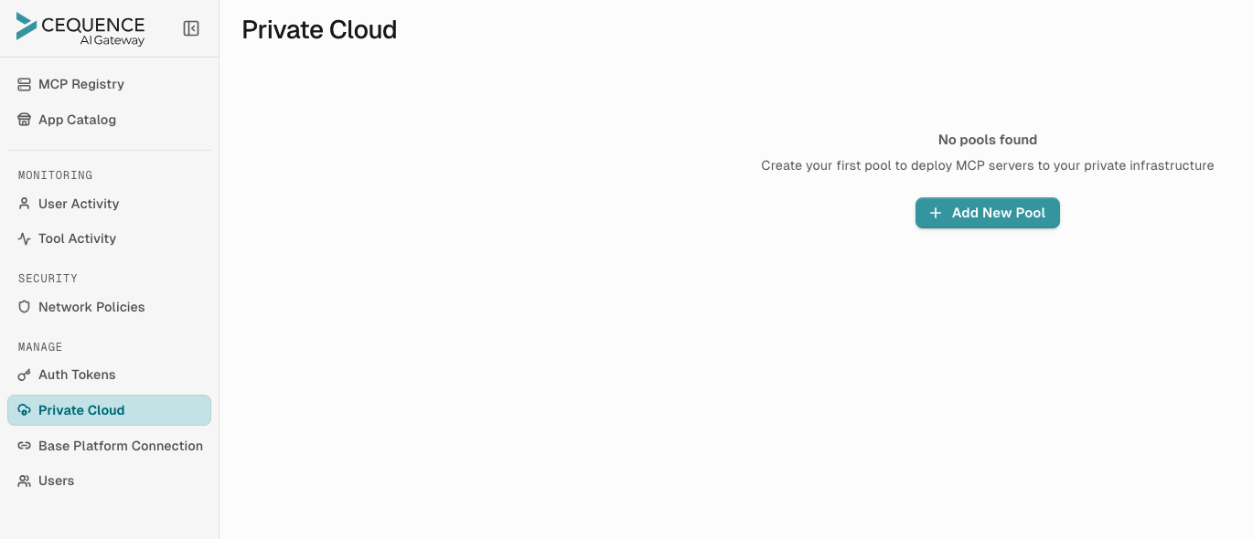 Empty state showing 'No pools found' message with 'Add New Pool' button