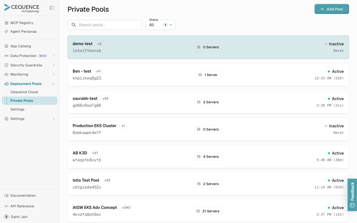 Private Pools page showing the left sidebar with Deployment Pools expanded and Private Pools selected, the page header with Add Pool button, search and Status filter, and a list of pool tiles