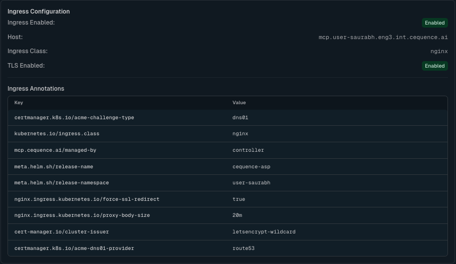 Example Ingress Configuration showing host, ingress class, TLS settings, and annotations