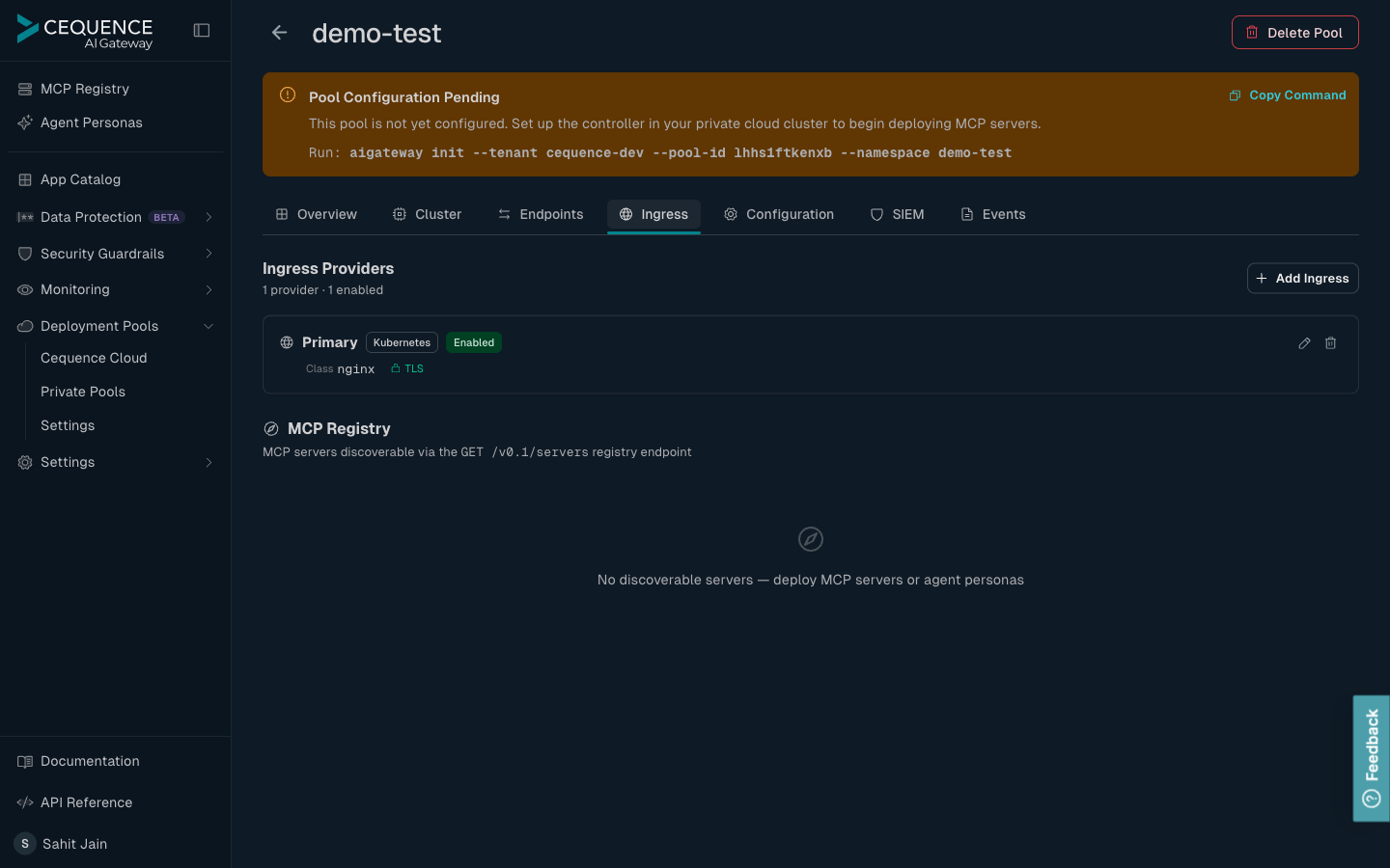 Pool detail page with the Ingress tab selected, showing the Ingress Providers list (a Primary Kubernetes provider with nginx class and TLS enabled), the Add Ingress button, and the full pool detail tab strip above