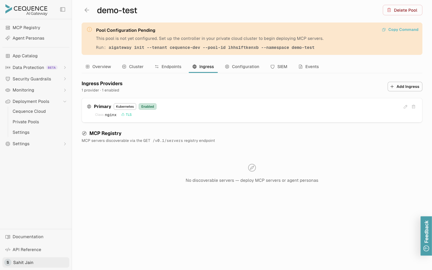 Pool detail page with the Ingress tab selected, showing the Ingress Providers list (a Primary Kubernetes provider with nginx class and TLS enabled), the Add Ingress button, and the full pool detail tab strip above