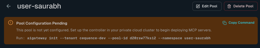 Pool Configuration Pending banner showing the aigateway init command with Copy Command button