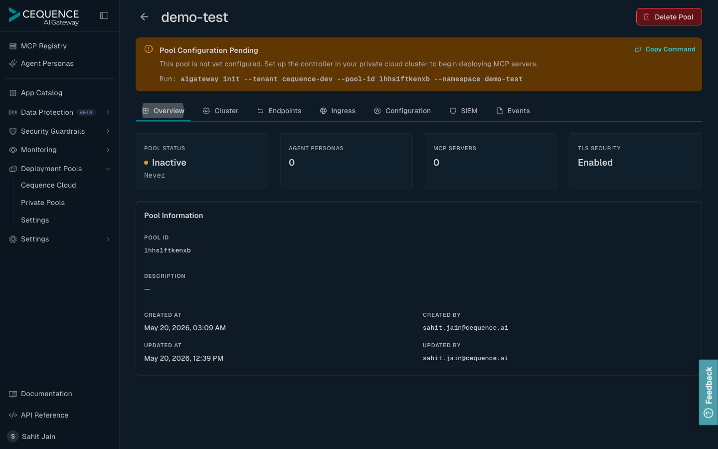 Pool detail page with sidebar, back button, pool title, Delete Pool action, the Pool Configuration Pending banner with the aigateway init command and Copy Command button, and the Overview / Cluster / Endpoints / Ingress / Configuration / SIEM / Events tab strip