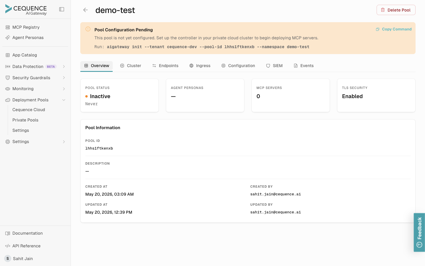 Pool detail page with sidebar, back button, pool title, Delete Pool action, the Pool Configuration Pending banner with the aigateway init command and Copy Command button, and the Overview / Cluster / Endpoints / Ingress / Configuration / SIEM / Events tab strip